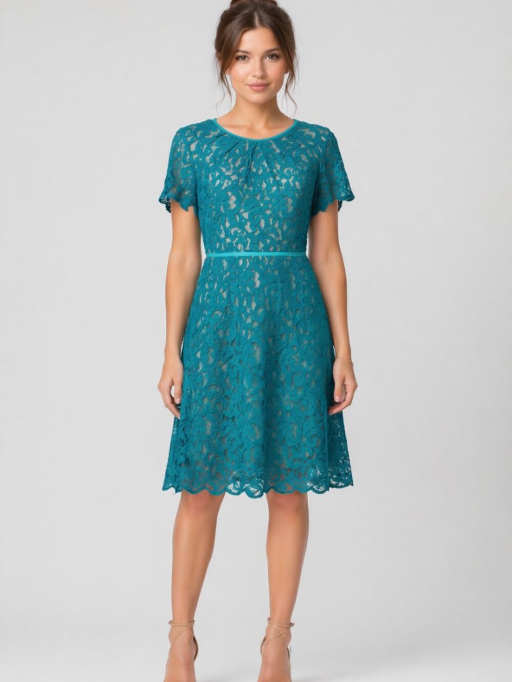 Beautiful, Classic Adrianna Papell Teal Lace Sheer short sleeve midi dress 12